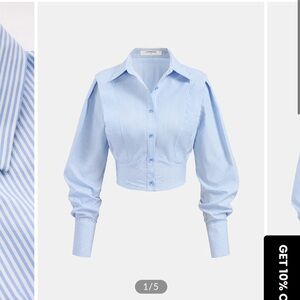 Commense Cropped Light Blue Striped Button Down Shirt